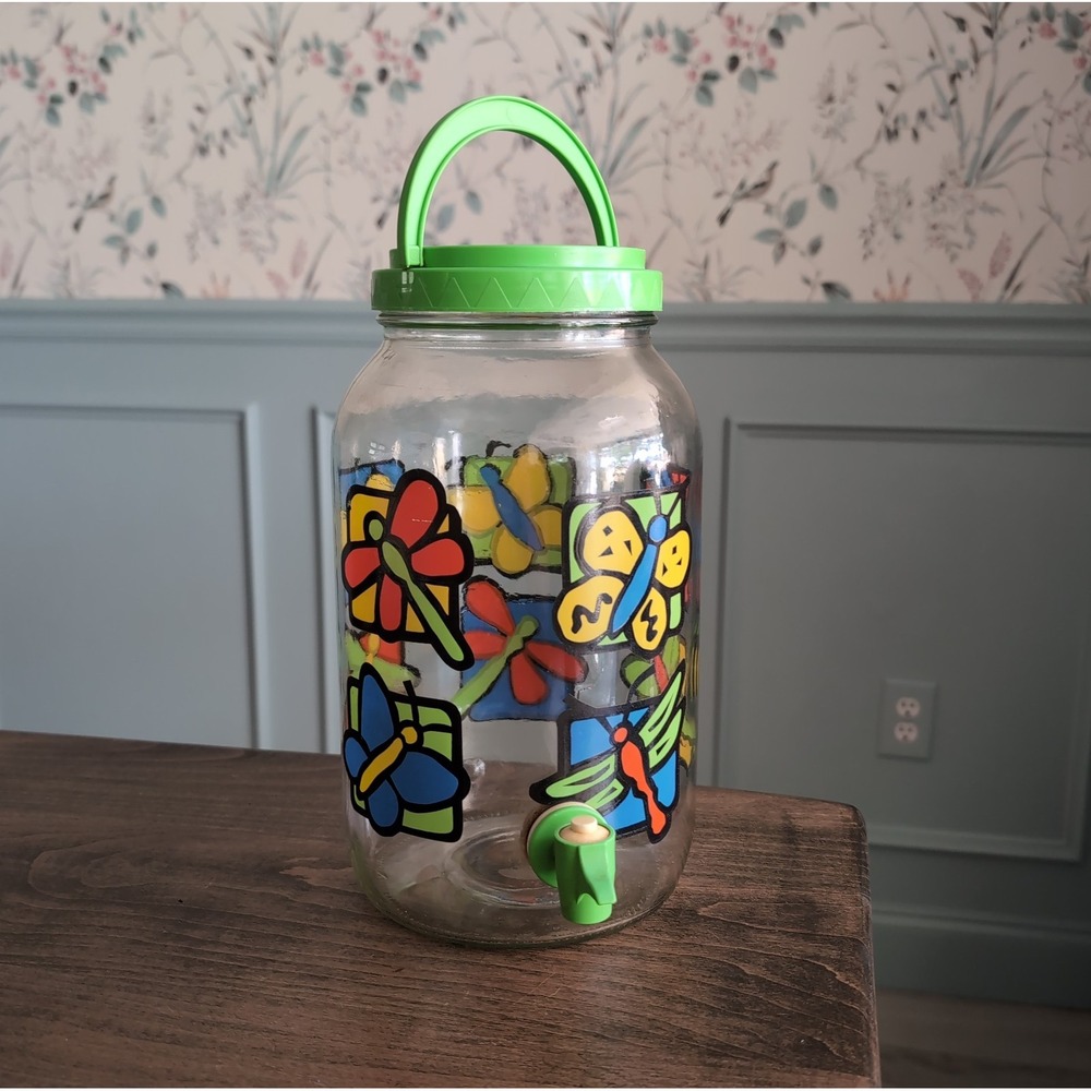 Vtg Butterfly Dragonfly Glass Sun Tea Jar Drink Dispenser Lid Spigot 90s 80s